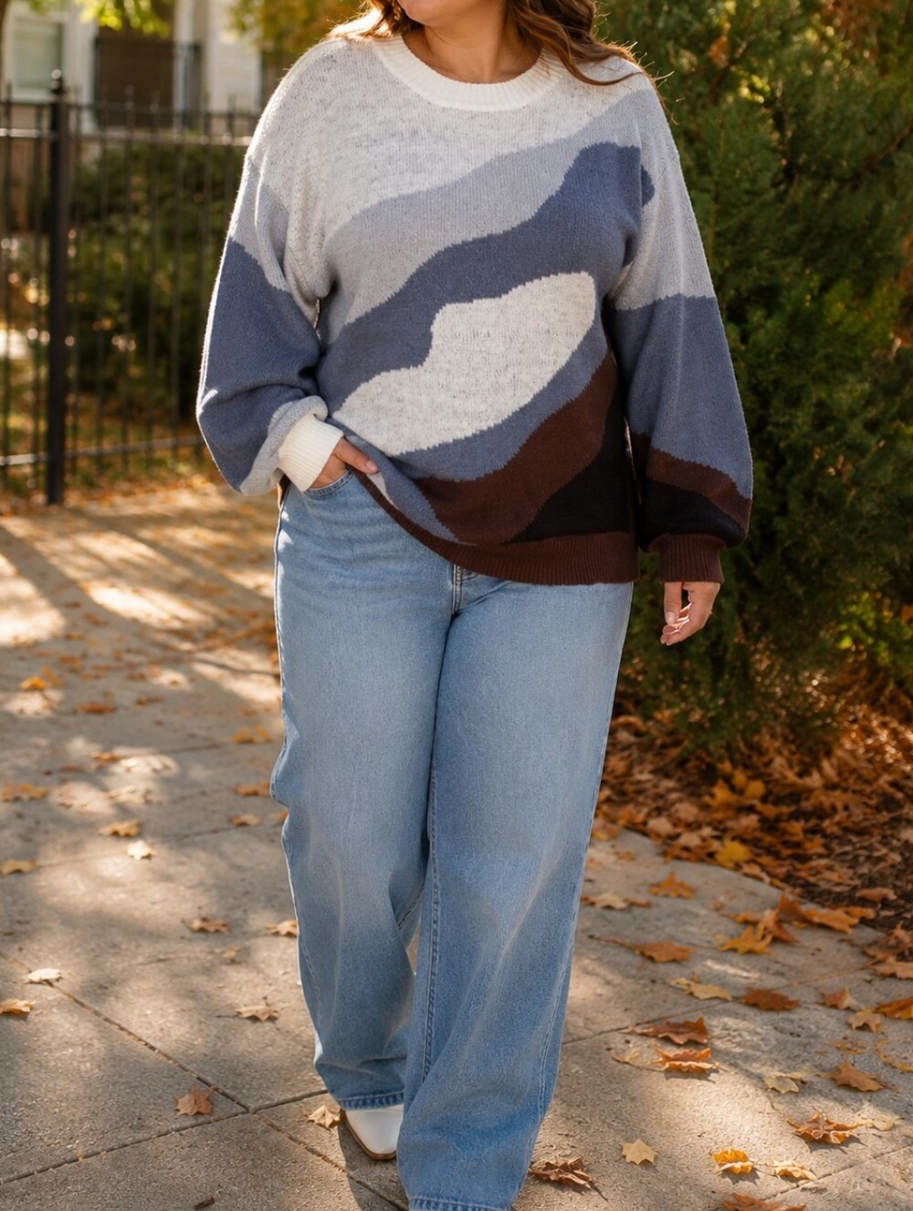 NWT Papillon Blanc Gray Blue Brown Colorblock Crewneck Knit Sweater Cozy Chic